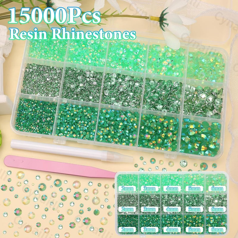 Cynailli 15000 Pcs Green Resin Rhinestones for Crafts, Flatback Resin Rhinestones for Bedazzling Gems 2/3/4/5/6mm Flatback Gems Jewels for DIY Mugs Tumblers Bottles Clothing Shoes Nail Art - Image 3